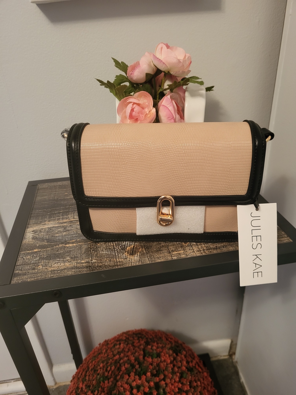 Jules Kae Two-Tone Beige Crossbody Bag with Black Trim 9" X 5.5"x 3" NWT